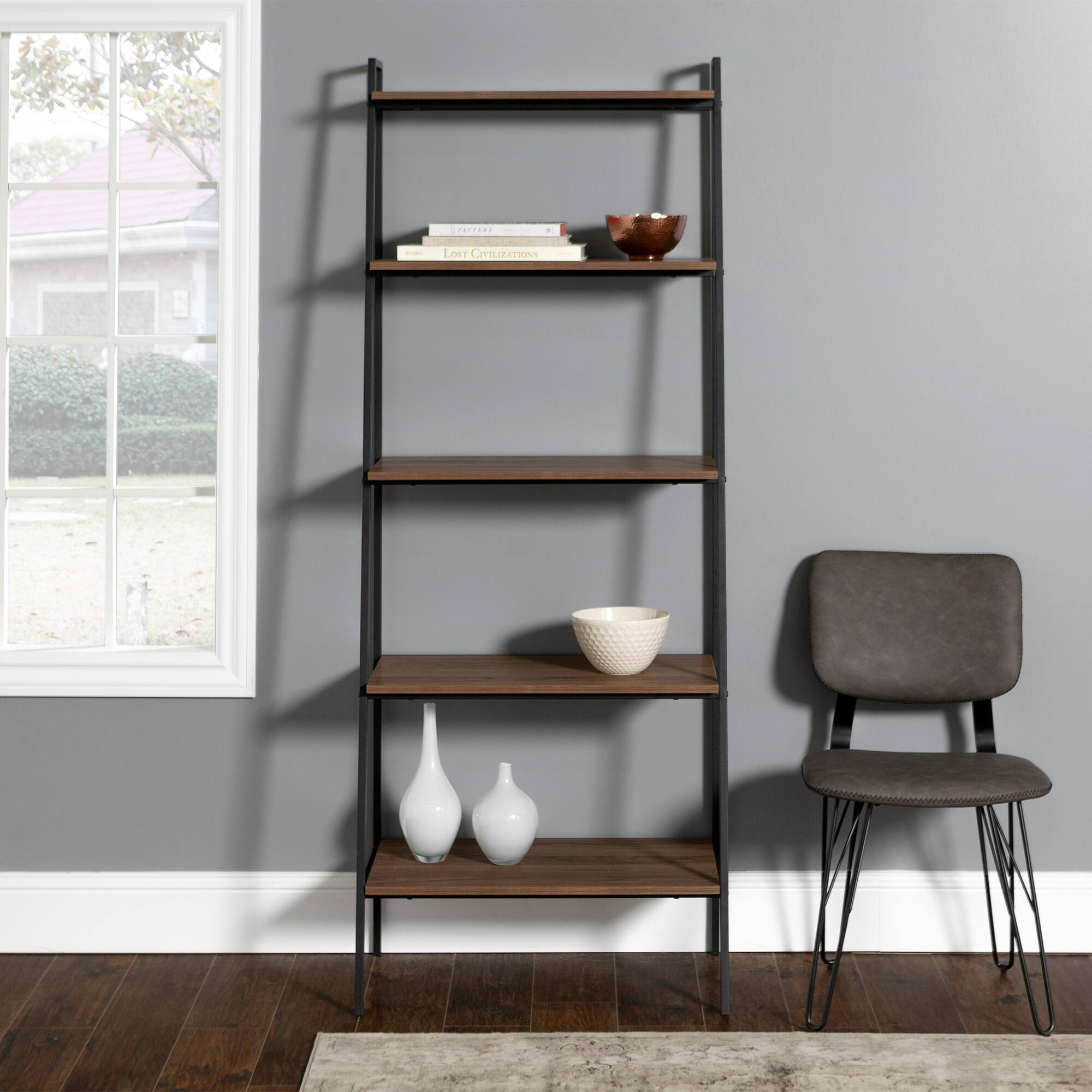 Walker Edison 72" Mocha Industrial Modern Ladder Bookshelf